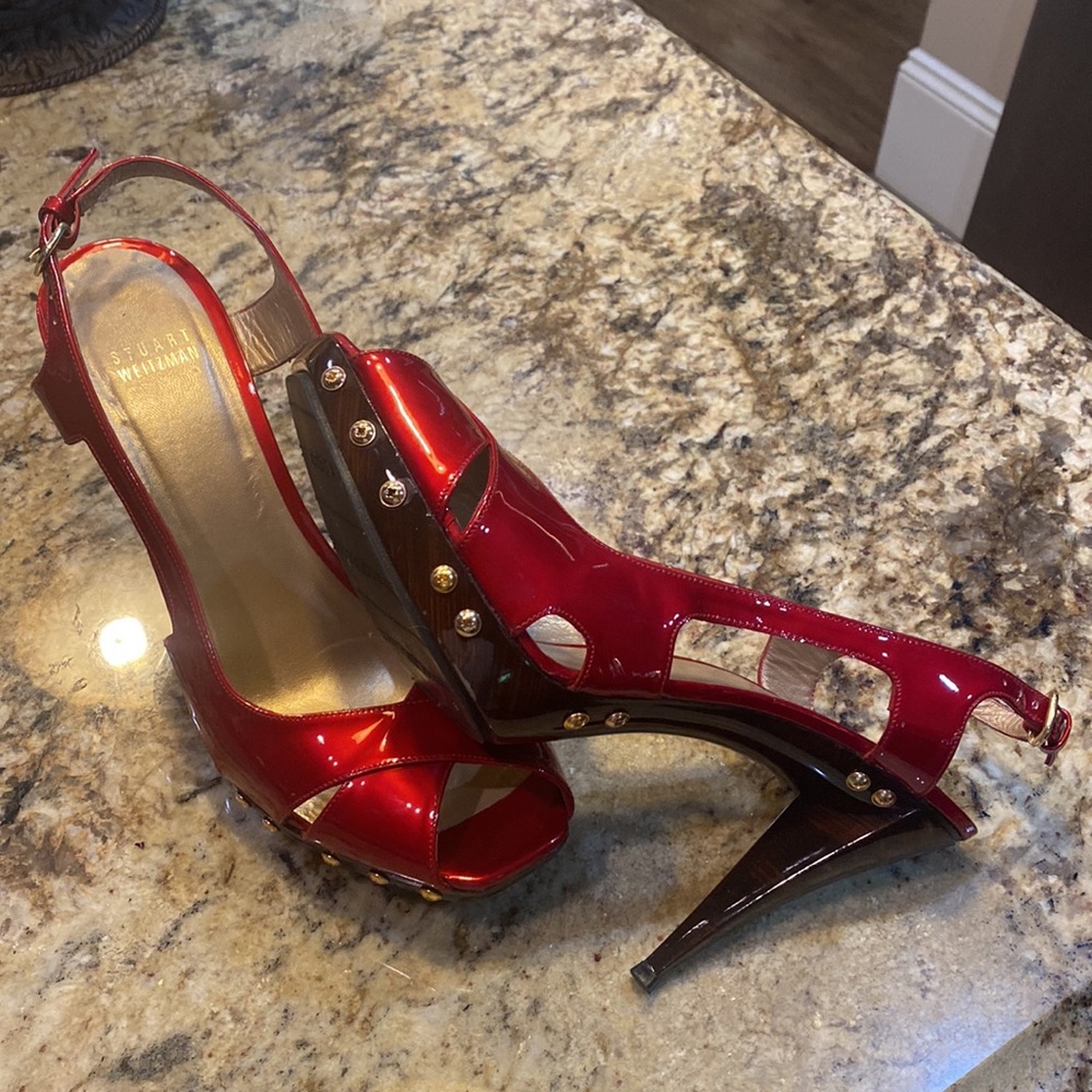 Stuart Weitzman Red Platform Sling Backs, Size 10 - image 4